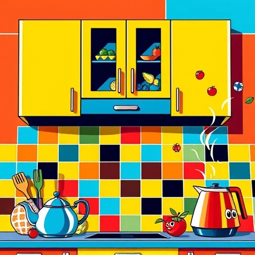 A colorful PopArt-inspired illustration of modern upper kitchen cabinets featuring bold lines and exaggerated shapes. The cabinets are decorated with lively patterns and contrasting bright colors, including yellow, electric blue, and vivid red. Whimsical kitchen items with character-like features are integrated, such as a cheerful, smiling teapot perched on the counter, colorful utensils with cartoon eyes peeking out, and a quirky salad spinner swirling with lively greens and reds. The vibrant background displays an abstract backsplash composed of geometric tiles in contrasting colors, with exaggerated shadows and highlights enhancing depth. Playful details include floating, expressive fruits spilling from open cabinet doors and a mischievous steam curl rising from a winked kettle. The overall scene exudes a cheerful, energetic mood with a retro yet contemporary vibe, utilizing saturated colors and sharp contrasts typical of PopArt, creating a lively visual celebrating creative kitchen design.