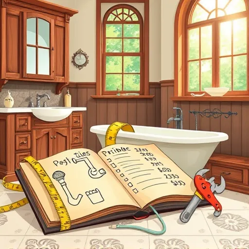 A whimsical illustration in the Arts and Crafts style depicting bathroom remodel costs. The cozy, vintage-inspired bathroom features handcrafted wooden cabinetry, a clawfoot bathtub, and artisan tile patterns in warm browns, greens, and creams. An open wooden ledger shows playful hand-drawn symbols of plumbing fixtures, tiles, and price estimates with curved lines. Small quirky details include a measuring tape measuring a pipe and a vintage wrench with a cheerful face in a toolbox. Sunlight streams through a window with lush greenery outside, illuminating textures like wood grain and decorative tiles, creating a warm, inviting atmosphere. The scene blends craftsmanship with playful elements, ideal for a blog cover on bathroom renovation budgeting.