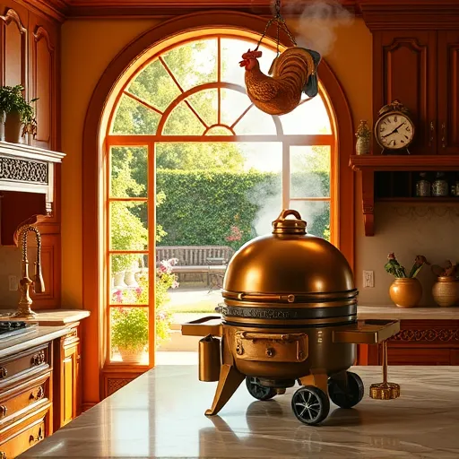 A vibrant High Renaissance-inspired kitchen scene set for summer barbecues, featuring warm golden tones and rich craftsmanship. The elegant space includes polished wooden cabinets with intricate carvings, ornate brass fixtures, and a grand marble countertop. On the counter, a whimsical stone-carved miniature barbecue grill emits playful cartoonish smoke curls. A large arched window floods the scene with soft natural sunlight, illuminating hanging copper pots and pans with tiny, fanciful faces etched into their surfaces. The background reveals a lush garden with blooming flowers, vines, and a rustic stone patio decorated with string lights, creating a festive outdoor ambiance. Quirky details such as a medieval-style rooster clock atop a shelf and a mischievous squirrel peeking from a potted plant add personality. The scene combines artistic grandeur with lively, celebratory energy, emphasizing warm ochres, deep reds, and subtle greens to evoke an inviting, festive summer atmosphere rooted in High Renaissance elegance.