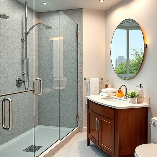 A hyperrealistic image of a luxurious bathroom in Henrico, VA, showcasing expert remodeling craftsmanship. The bathroom features sleek modern fixtures with shiny chrome accents, a spacious walk-in shower decorated with intricate glass tiles that reflect soft natural light from a large frosted window. The wooden vanity cabinet has a smooth marble countertop decorated with minimalistic accessories, including a small succulent in a quirky pot and a vintage-style soap dispenser. A playful vintage rubber duck rests among elegant bath salts and fluffy, neatly folded towels, adding charm and humor. The decor evokes calm and sophistication with subtle coastal colors such as soft blues, sandy beiges, and crisp whites, reminiscent of a seaside retreat. In the background, a beautifully tiled wall extends into a cozy alcove housing a modern, energy-efficient exhaust fan with whimsical swirling patterns. Warm lighting highlights the fine details of the remodeling work, emphasizing craftsmanship and quality. Lush greenery and hints of historic architecture from Henrico, VA, are reflected in the mirror, subtly reinforcing the local roots. The overall scene combines professionalism with playful personality, creating an inviting, high-end bathroom that showcases exceptional remodeling and design creativity.