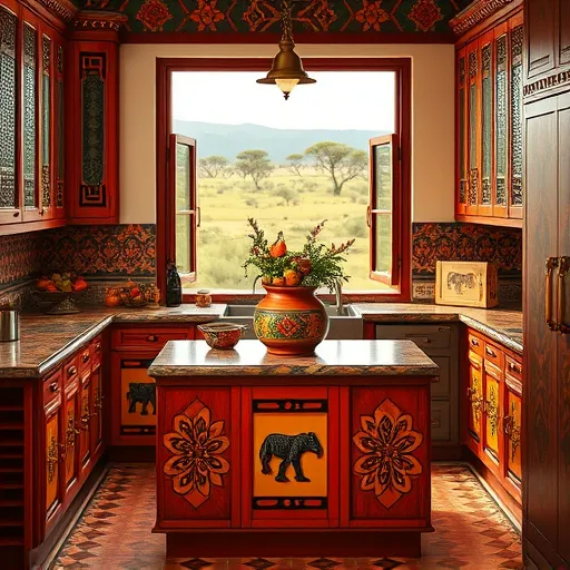 A vibrant, African-inspired kitchen featuring intricately patterned wooden cabinets with bold geometric and floral motifs in deep reds, burnt orange, ochre yellow, and slate blue. The cabinets are decorated with ornate carvings, handcrafted details, and small brass knobs shaped like traditional African symbols, enhancing cultural artistry. Miniature woven baskets are subtly embedded among the cabinetry, adding playful charm. At the center, a colorful clay-pot centerpiece overflows with tropical herbs and fruits, bringing freshness to the scene. An open window reveals a lush landscape with acacia trees and distant savannah, bathing the space in natural daylight that highlights the earthy color palette. The background walls and tiled flooring incorporate subtle tribal textile patterns, emphasizing authenticity and tradition. The art style 'TraditionalAfricanArt' features bold lines, symbolic motifs, and handcrafted textures, reflecting cultural pride and artisanal craftsmanship. Brightly painted pot handles and vividly patterned fabric curtains add lively, individual touches, creating an inviting and sophisticated atmosphere celebrating African heritage and artistic craftsmanship.