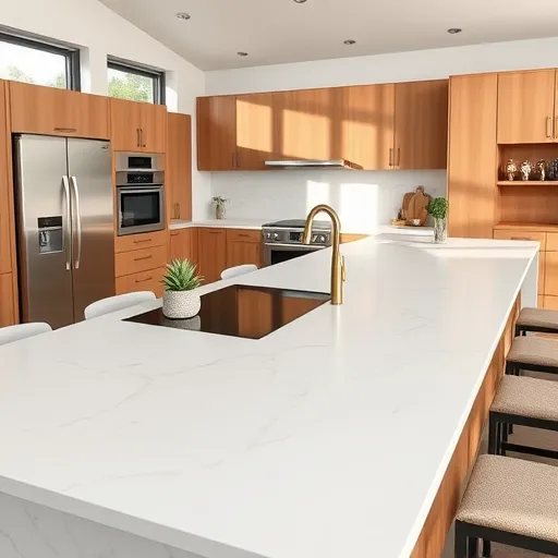 A highly detailed, realistic image of a modern kitchen interior featuring a sleek kitchen island with a smooth marble countertop with subtle veining in soft, neutral tones. The island includes minimalist matte black cabinetry with integrated hardware, a built-in induction cooktop, and a large farmhouse sink with a brushed gold faucet. Surrounding the island are contemporary barstools with geometric frames and plush upholstered seats, creating an inviting, sophisticated atmosphere. In the background, high-end stainless steel appliances such as a double-door refrigerator and double oven are set against warm wooden cabinetry, illuminated by abundant natural light streaming through large floor-to-ceiling windows. The space is decorated with charming details like a potted succulent, a vintage-inspired timer, and colorful artisanal cutting boards on the surface, adding personality. The color palette features soft beige, warm wood tones, sleek black accents, and metallic gold highlights, exuding warmth and modern elegance. The organized environment showcases clean lines, subtle reflections on surfaces, a floating magnetic spice rack on the backsplash, and a whimsical ceramic utensil holder, emphasizing craftsmanship and inviting a cozy yet upscale kitchen ambiance.