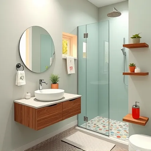 A photorealistic depiction of a small, charming bathroom renovation featuring modern fixtures and a cozy atmosphere. The compact space includes a sleek floating vanity with a natural stone countertop, paired with a quirky, geometric-shaped mirror. To the side, a glass-enclosed shower showcases pebble stone flooring and vibrant mosaic tiles visible through a transparent glass door. Whimsical animal-shaped towel racks add playful charm, while potted succulents on floating shelves bring life to the scene. The soft mint-green wall with textured paint, illuminated by warm natural light from a small frosted-glass window, creates a calm, inviting environment. Bright embroidered towels and vintage-inspired soap dispensers enhance the cheerful, creative design. The overall aesthetic blends efficient space-saving solutions with quirky decorative elements, utilizing a soothing palette of mint greens, warm beiges, and pops of coral and turquoise, captured with hyper-realistic detail to emphasize textures and lighting.