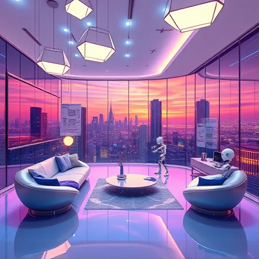 A vibrant futuristic cityscape integrated with an ultra-modern interior design scene, illustrating home remodeling concepts. The open-concept living space features glowing geometric light fixtures suspended from a high-tech ceiling, with seamless glass walls revealing a shimmering skyline filled with innovative skyscrapers and flying vehicles. In the foreground, minimalist furniture with smooth, organic curves in metallic shades—silver, cobalt blue, and neon accents—rests on a glossy, holographic floor that subtly shifts patterns and colors. Floating digital panels display transparent blueprints and material samples, illustrating remodeling processes. Quirky robot assistants equipped with exaggerated tools, like wrenches and paintbrushes, add playful touches to the sleek environment. Behind, an illuminated city at sunset reflects violet and amber hues on chrome surfaces, creating a serene yet energetic atmosphere. Holographic icons represent eco-friendly materials, smart home devices, and modular components, emphasizing innovation in home remodeling. The art style combines futuristic minimalism with dynamic lines and a vibrant, luminous color palette, inspiring confidence in modern home transformation and remodeling mastery.
