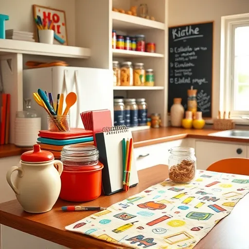 A bright and cheerful kitchen scene emphasizing back-to-school organization, featuring a clean countertop with colorful labeled storage jars containing school supplies such as notebooks, pens, and lunchboxes. Decorative touches include a ceramic apple-shaped utensil holder and a refrigerator magnet with an inspirational quote. The table is adorned with a patterned fabric runner decorated with school-themed motifs in reds, blues, and yellows. In the background, an open pantry displays glass jars filled with grains and snacks, each with cheerful labels, while a chalkboard wall showcases checklists and playful doodles of pencils and books. Natural light streams through a nearby window, creating warm, inviting tones. The setting highlights cleanliness, order, and readiness for the new school year, with detailed textures of wood, glass, and fabric, and a lively color palette that combines practicality with energetic appeal.