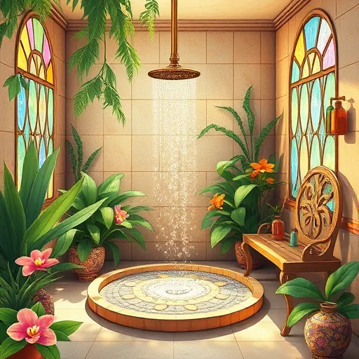 A vibrant, whimsical illustration of an open shower in a lush, tropical-inspired bathroom. Features a circular, freestanding shower with mosaic-tile base, surrounded by cascading ferns, hanging vines, and colorful orchids intertwined with swirling Arts and Crafts motifs. A vintage brass showerhead with intricate detailing pours water that forms a shimmering, golden ribbon. Handcrafted ceramic tiles with floral and geometric patterns line the walls. Sunlight streams through stained-glass windows, casting kaleidoscopic patterns onto textured walls in earthy browns, moss greens, and warm ambers, creating a calm, inviting atmosphere. Additional details include a carved wooden bench with botanical motifs, colorful glass bottles, and tiny stylized insects fluttering among the foliage. The scene captures harmony between nature and art, emphasizing serenity, openness, and inventive elegance. The style reflects Arts and Crafts craftsmanship with detailed line work and decorative flourishes, using a rich, earthy color palette for warmth, sophistication, and playful charm.