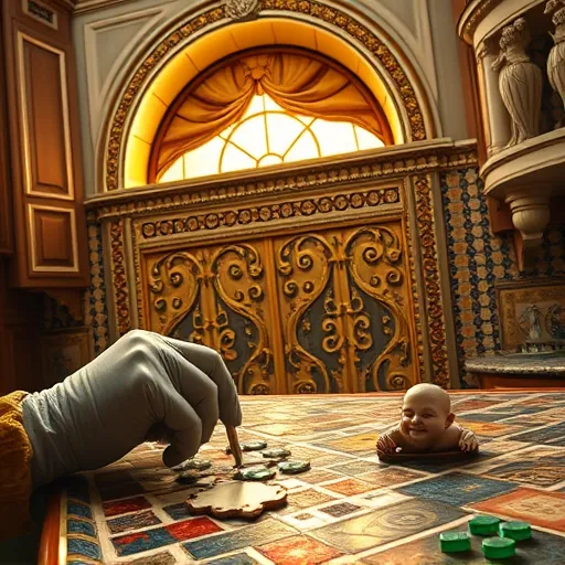 A Renaissance-style painting depicting an opulent kitchen interior with a highly detailed and ornate mosaic backsplash featuring intricate patterns of swirling interlaced tiles in jewel tones of emerald green, sapphire blue, and shimmering gold. The scene includes a grand gilded archway, classical columns, plush draperies, and warm golden light streaming through a large ornate window, illuminating the glossy, meticulously crafted tiles. A pair of gloved hands carefully place tiny mosaic pieces, conveying craftsmanship and expertise, while a mischievous cherub with a miniature tile hammer playfully observes from the countertop. The overall composition emphasizes traditional artistry, elegance, and mastery, blending rich muted colors like deep reds, lush greens, and warm browns, capturing the timeless beauty and precision of high-quality kitchen backsplash installation in a regal, classical setting.