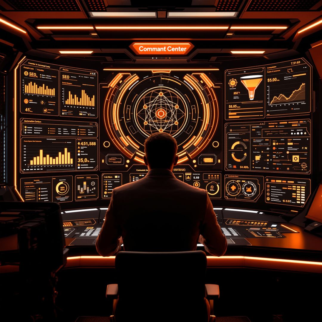 A business owner stands before a futuristic SmartHub control center displaying analytics and lead systems, representing the evolution beyond traditional websites.
