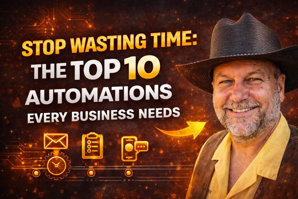 Smiling cowboy-hatted marketer beside glowing automation icons on a dark orange tech background, promoting “Stop Wasting Time: Top 10 Automations Every Business Needs.”