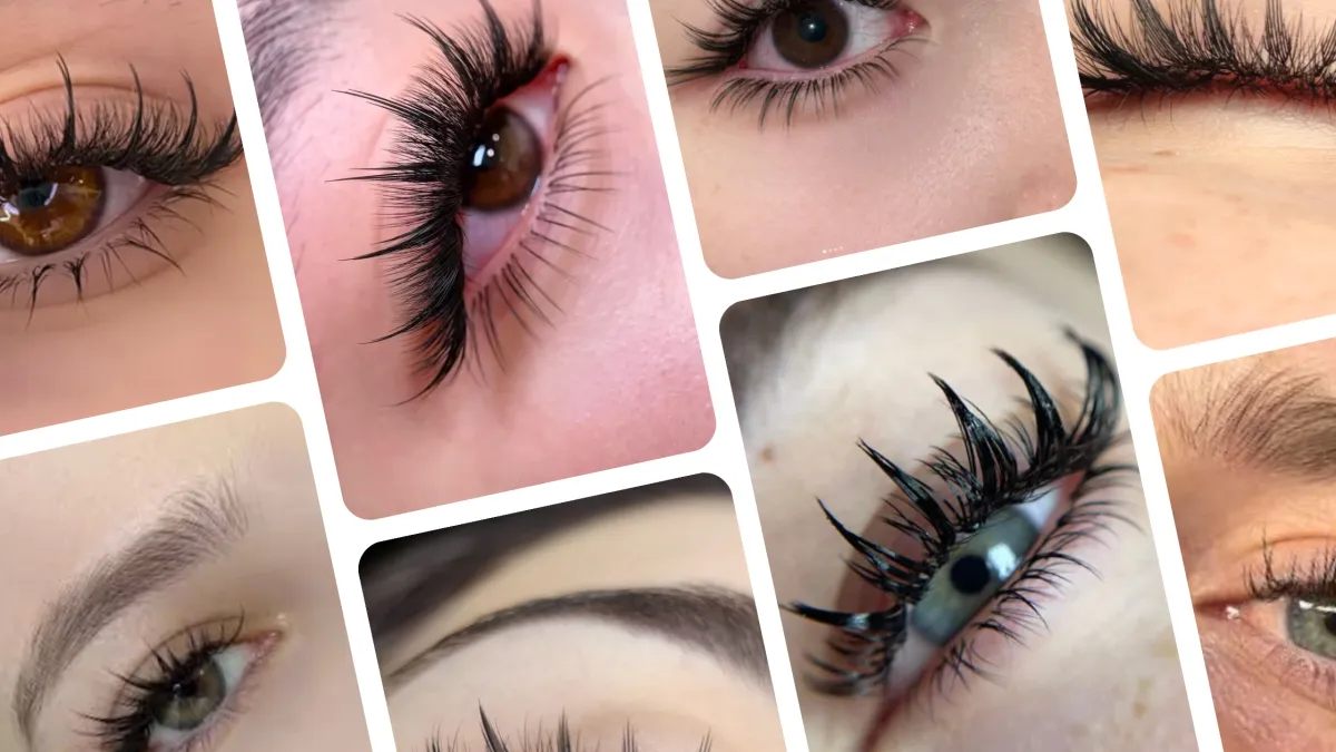 Anime-style lash extensions with spiky wisps and doll-like volume creating a bold, wide-eyed look on a closed eye