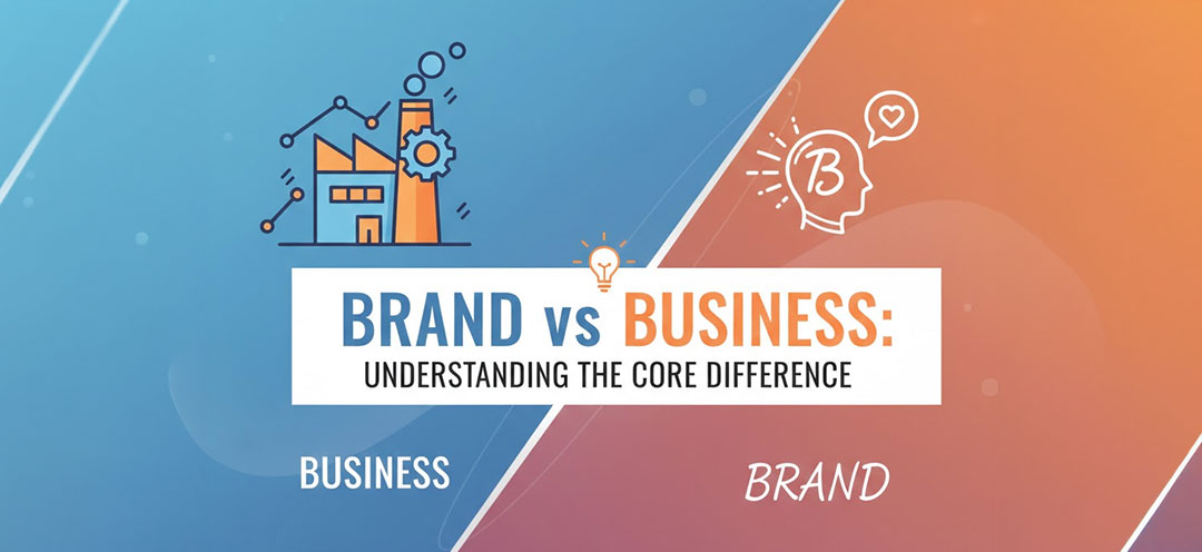 Infographic cover for a blog post titled Brand vs Business: Understanding the Core Difference, featuring icons representing a physical business structure and a conceptual brand identity