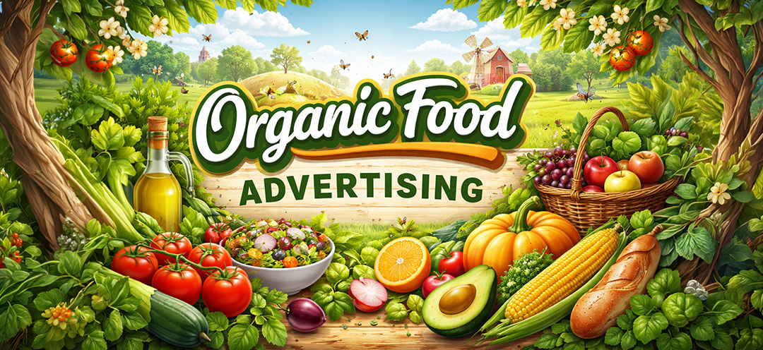 Organic food advertising banner featuring fresh vegetables, fruits, olive oil, and farm produce in a natural eco-friendly design for healthy food marketing