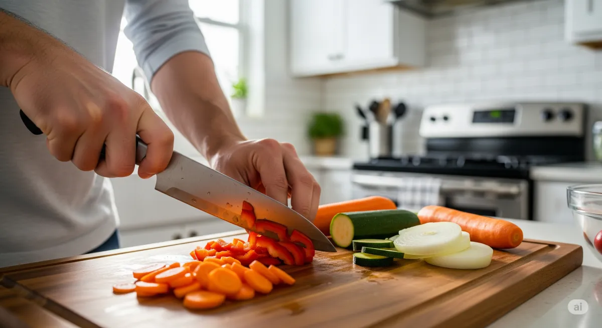 man chopping vegetables in a home kitchen