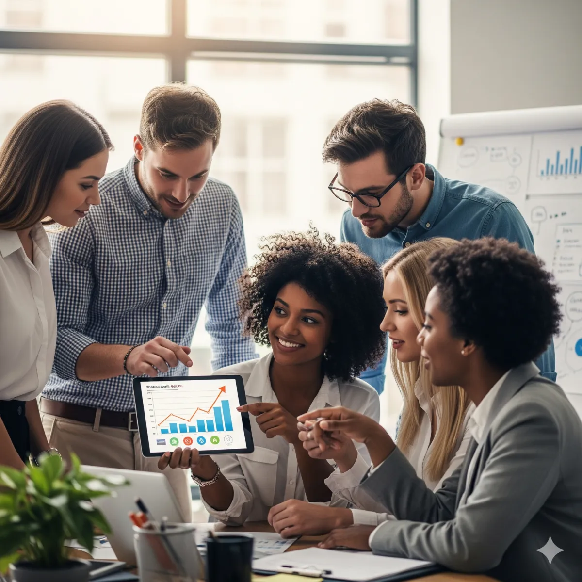 A diverse group of young professionals looking at a financial chart on a tablet, symbolizing a non-intimidating approach to investing.