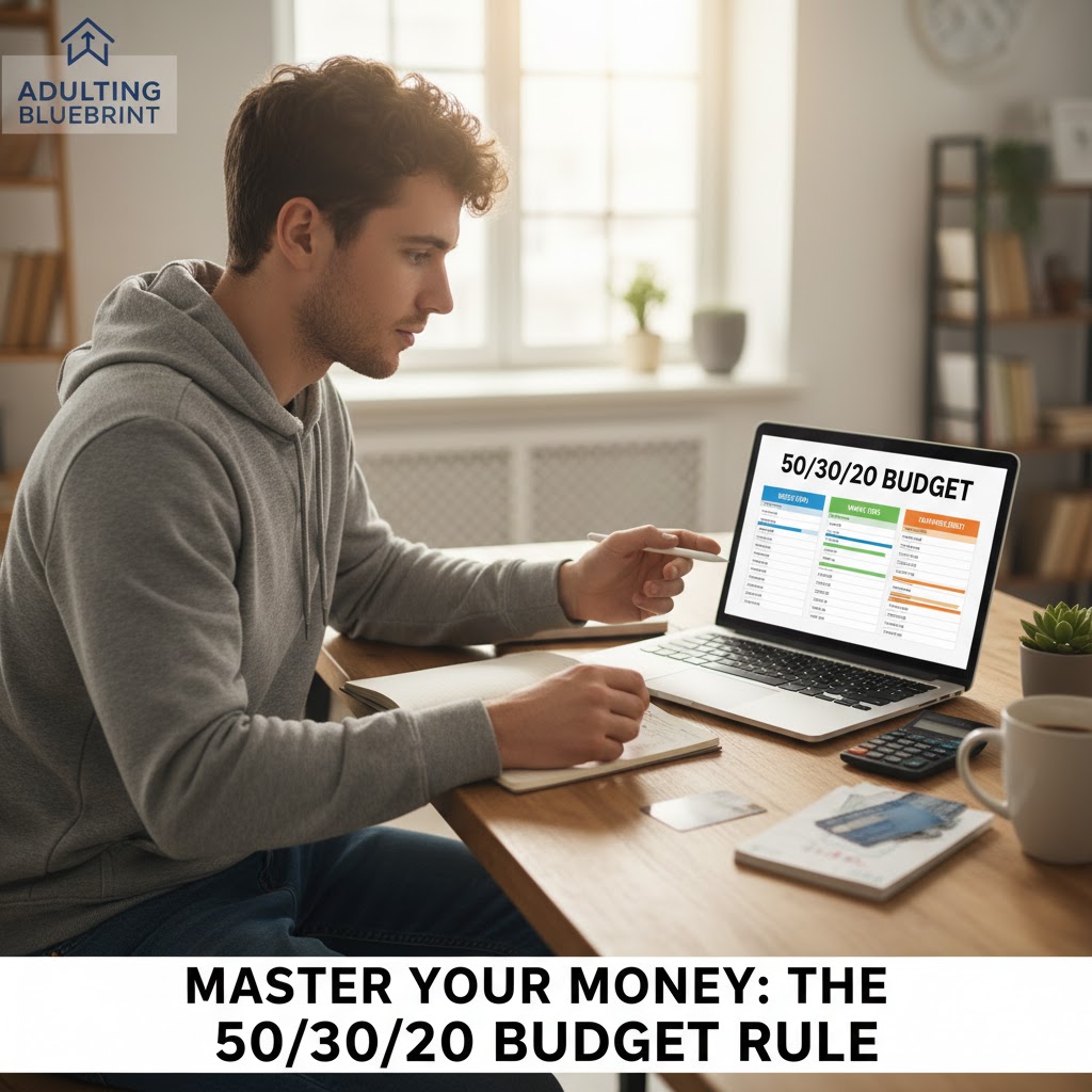 man budgeting using 50-30-20 framework