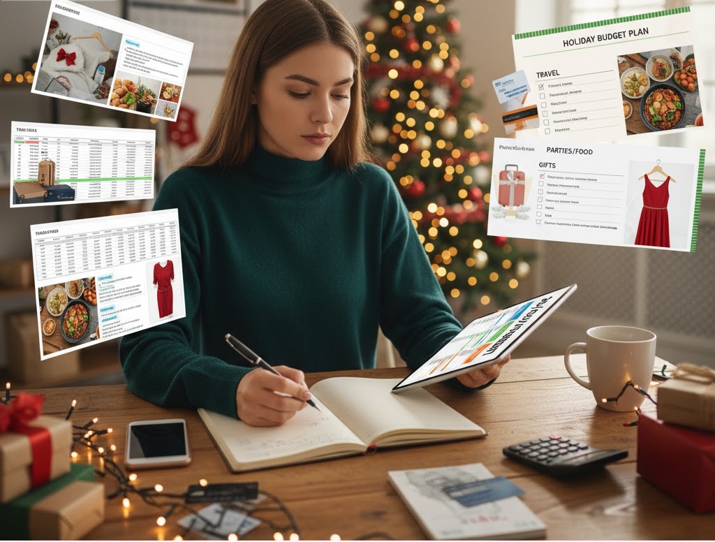 woman budgeting for the holidays in front of Christmas tree