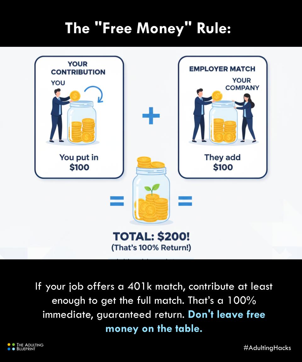 The "Free Money" Rule: If your job offers a 401k match, contribute at least enough to get the full match. That’s a 100% immediate, guaranteed return. Don't leave free money on the table.