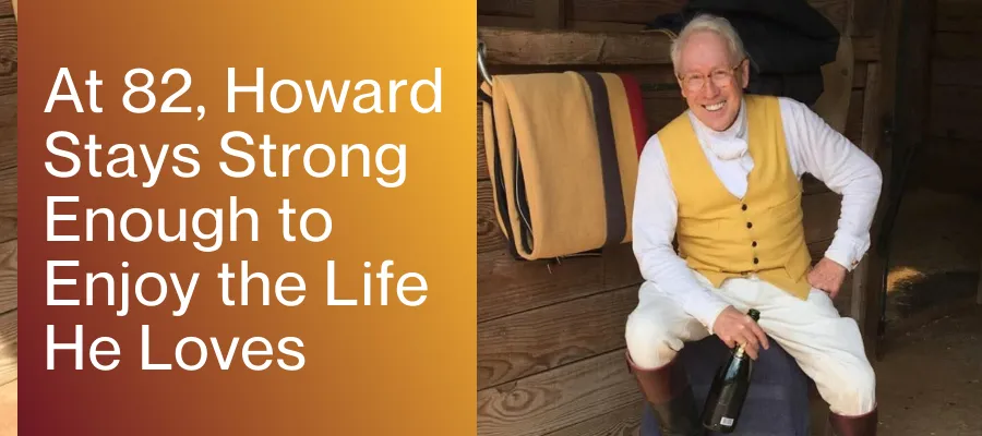man sitting in a chair with his age, 82, and a statement about staying strong