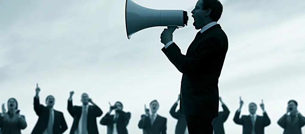 A leader speaking through a megaphone to a group of people who are responding with enthusiasm and agreement, set against a serene sky-blue background.