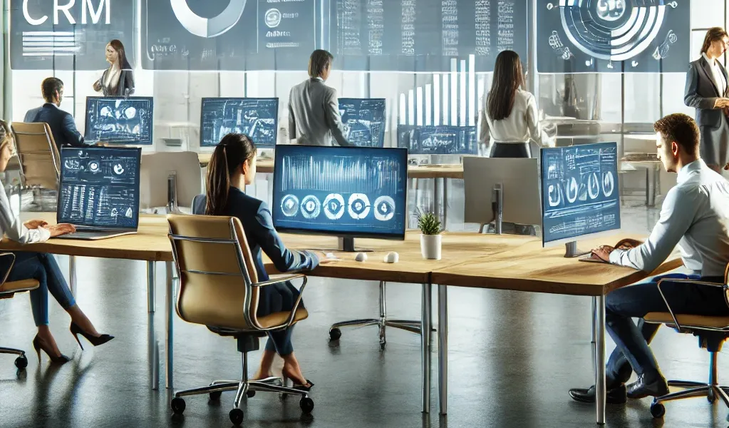 A modern office setting featuring various technology devices seamlessly integrated into the workspace. Employees are seated at desks, using laptops and desktop computers connected to large screens displaying data analytics, CRM systems, and automation tools. The background includes sleek office furniture and a collaborative work environment, highlighting efficiency and productivity.