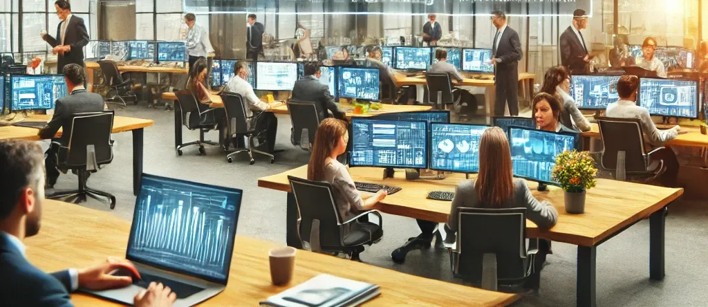 A high-resolution photo of a busy, modern office environment with employees working efficiently. They use laptops and desktop computers, displaying digital dashboards with operational metrics. The scene highlights streamlined workflows, collaboration, and advanced office tools, reflecting operational efficiency.