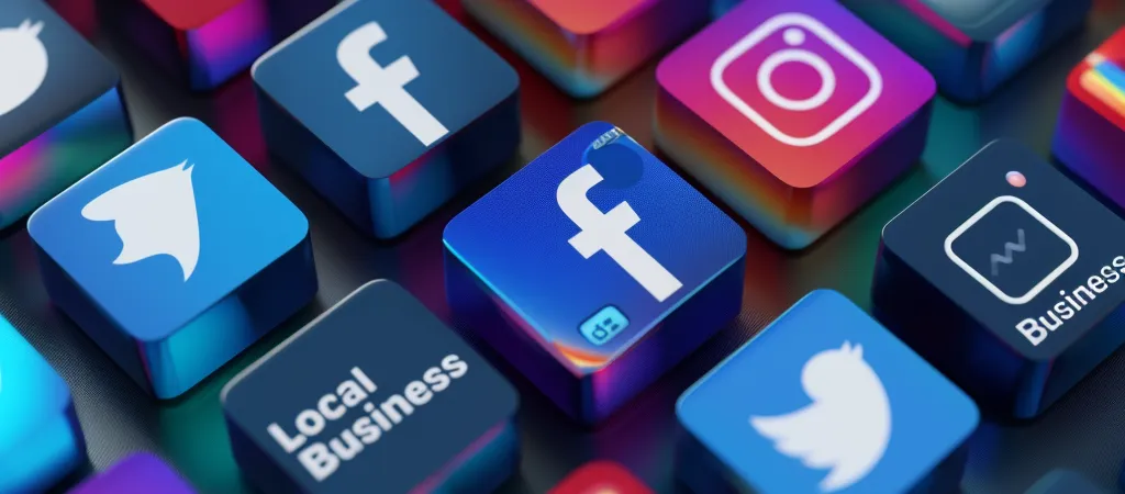 Close-up view of 3D social media icons arranged on a colorful, reflective surface. Prominent icons include Facebook, Instagram, Twitter, and Local Business, representing various social media platforms. The vibrant colors and detailed textures emphasize the importance of social media in business promotion and connectivity.