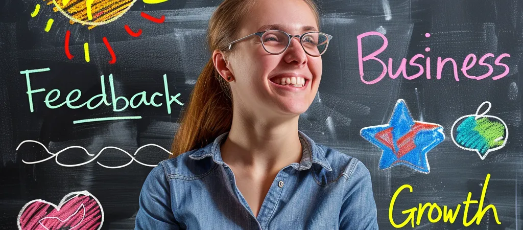 A young woman with glasses and a denim shirt smiles confidently in front of a blackboard covered with colorful chalk drawings and words. The words include 'Feedback,' 'Business,' and 'Growth,' along with doodles of a sun, heart, star, and apple.