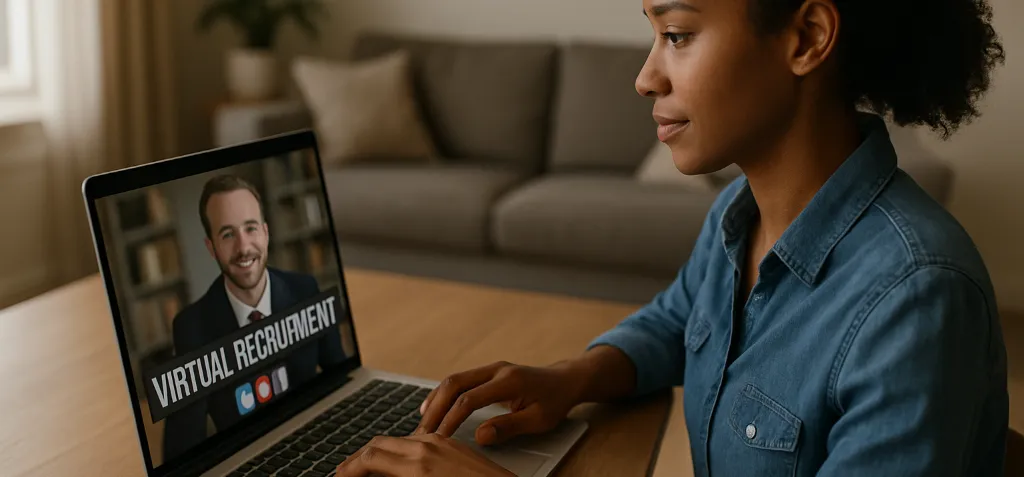 A young African American woman sits at a table using her laptop during a virtual recruitment interview, with natural lighting illuminating a modern living room in the background.