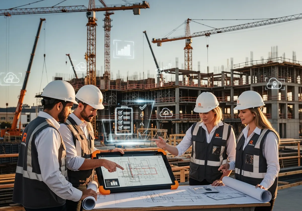 Modern construction jobsite with project managers and field staff collaborating over digital tablets and plans, cranes and steel frames in the background, and digital workflow icons representing process improvement and technology integration. R. Construction Solutions’ brand colors—white, charcoal gray, and orange—are featured throughout.