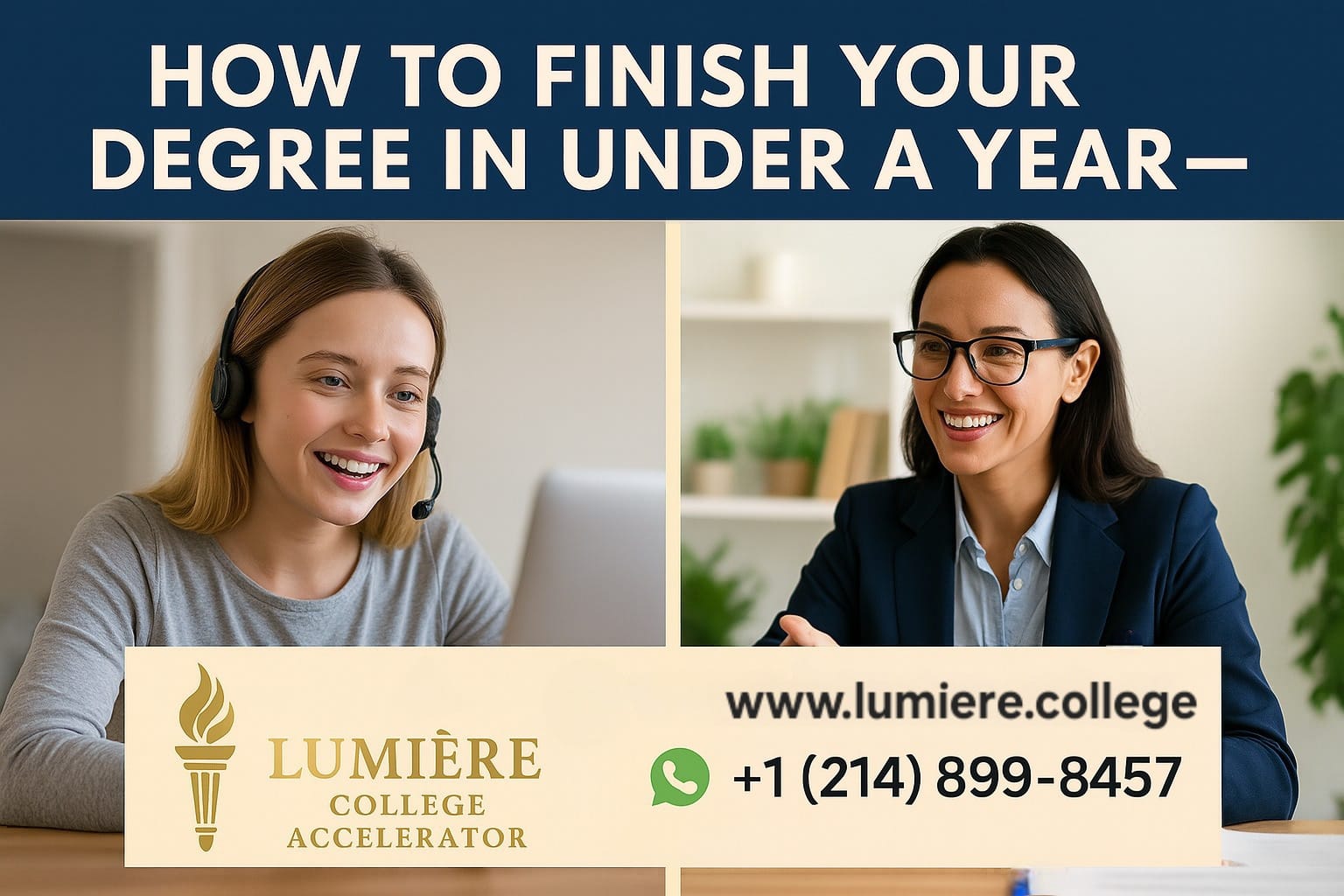 A smiling young woman in a light blue sweater sits at a desk with a laptop and notebook, confidently studying at home. She represents an adult learner finishing her degree online through Lumiere College Accelerator.