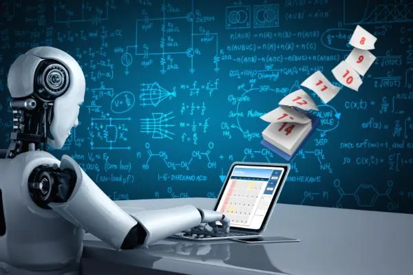 AI robot scheduling tasks with flying calendar pages.