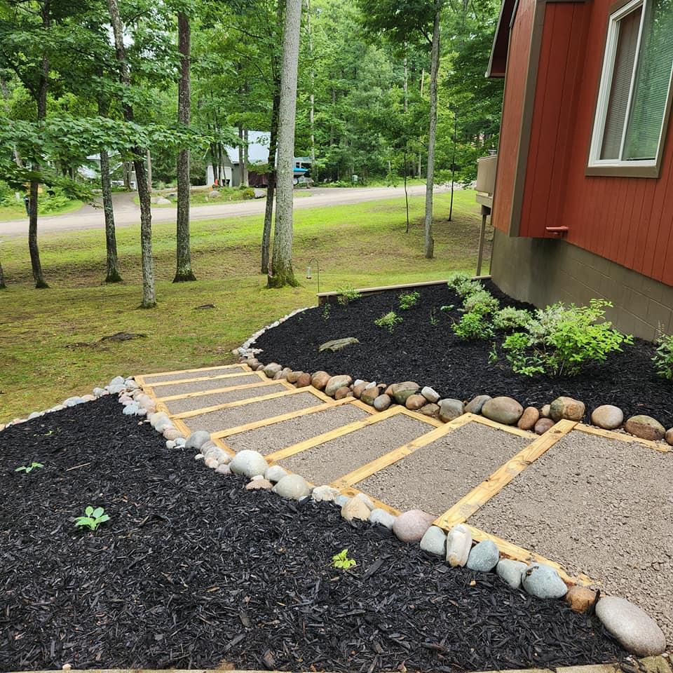 Fresh mulch landscaped pathway with new beautiful stairs
