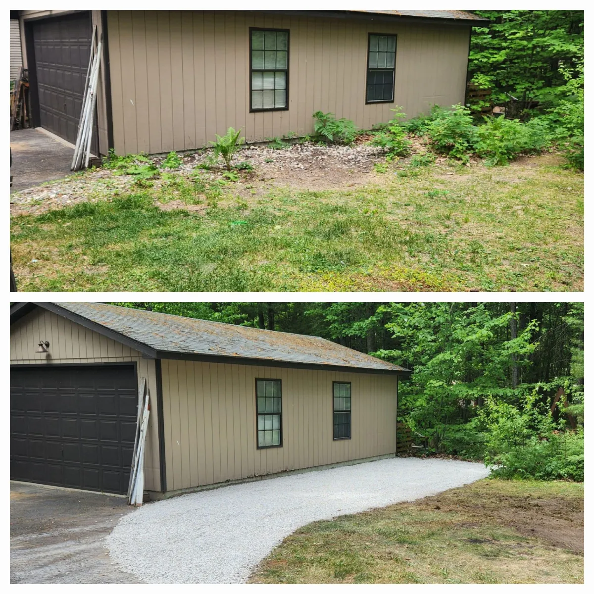 Before and after Landworks added a gravel parking space to the side of a garage