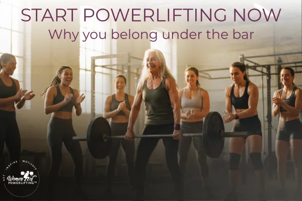 Photograph of an older woman powerlifting in a gym, surrounded by younger women cheering her on, highlighting strength, community, and ageless fitness.