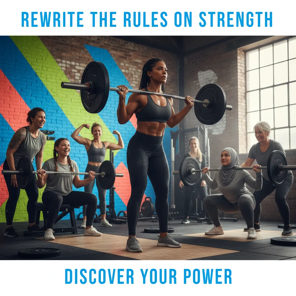 A diverse group of women of various ages and ethnicities confidently lifting weights in a modern gym, showcasing strength, empowerment, and community.