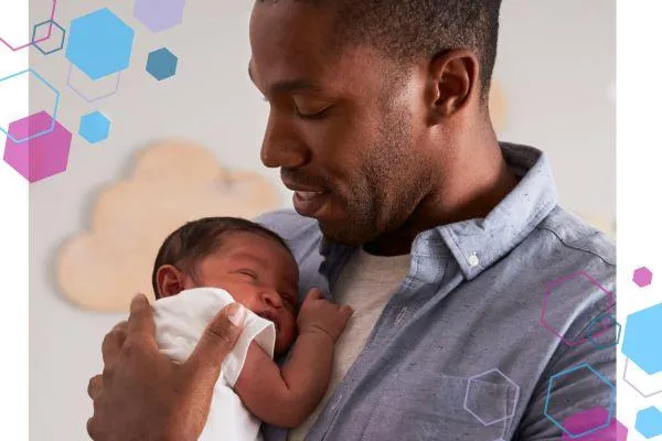 CubCare blog post front cover. A new dad up close to the camera holding his newborn baby to his chest. The Dad is looking down, caring for the baby, whilst the baby sleeps.