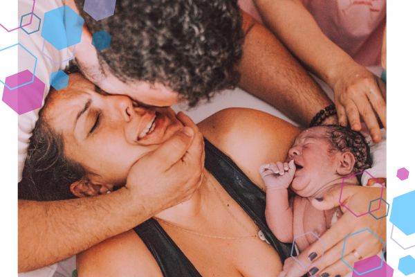 Moments after birth, a birth partner holds and reassures the new parent while they meet their newborn — capturing the intensity, connection and support that Birth Partners learn to offer through the CubCare Birth Partner course