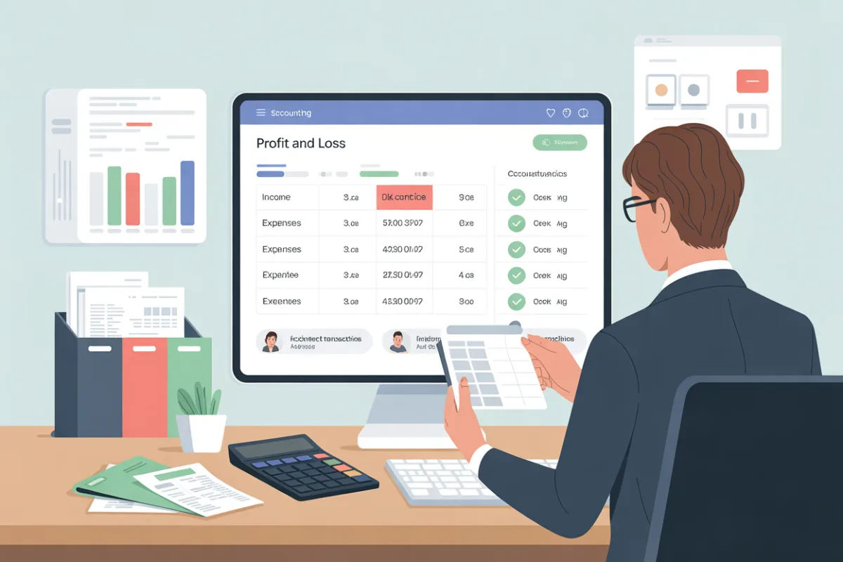 A clean, modern illustration of a small business owner sitting at a desk, reviewing a computer screen that displays a clearly labeled “Profit and Loss” report. The report shows rows of income and expenses, with a few lines highlighted in red and marked with warning icons to indicate discrepancies, while other rows have green check marks to show corrected transactions. Folders, receipts, and a calculator sit on the desk, reinforcing the bookkeeping context. The style is flat and professional, using greens, blues, and neutral colors, representing how a profit and loss statement helps identify errors from incorrect QuickBooks transactions.