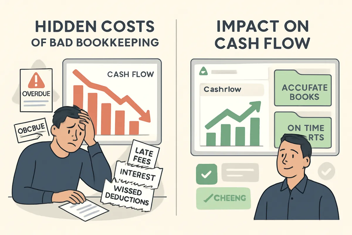A modern illustration split into two scenes. On the left, a stressed small business owner looks at a screen showing a declining cash flow chart with red arrows, surrounded by overdue bills and messy receipts labeled “late fees,” “interest,” and “missed deductions,” representing the hidden costs of bad bookkeeping. On the right, the same owner appears relaxed and confident, viewing a clean bookkeeping dashboard with a healthy cash flow chart, green arrows, and organized folders labeled “accurate books” and “on-time reports.” The flat, professional design in green, blue, and neutral tones highlights how fixing bookkeeping mistakes leads to smoother, stress-free finances.