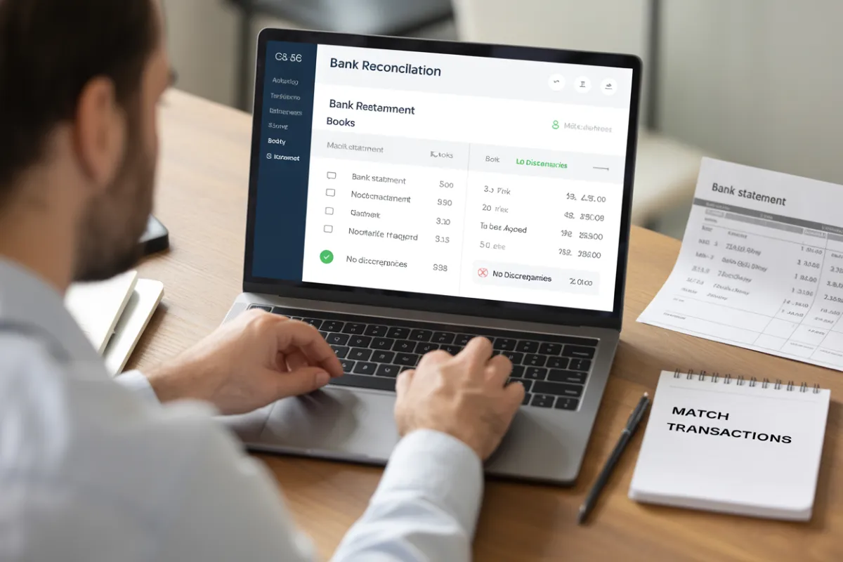 A realistic office scene showing a small business owner seated at a desk, reconciling accounts on a laptop. The laptop screen displays an accounting dashboard labeled “Bank Reconciliation,” with side-by-side columns titled “Bank Statement” and “Books,” where transactions are being matched and marked with green check marks, and a small note reading “No discrepancies” next to the reconciled total. On the desk, there is a printed bank statement and a notepad labeled “Match transactions,” emphasizing the process of fixing discrepancies and keeping records accurate. The environment is professional and well-lit, and the person appears focused but calm, representing streamlined banking and accurate bookkeeping.