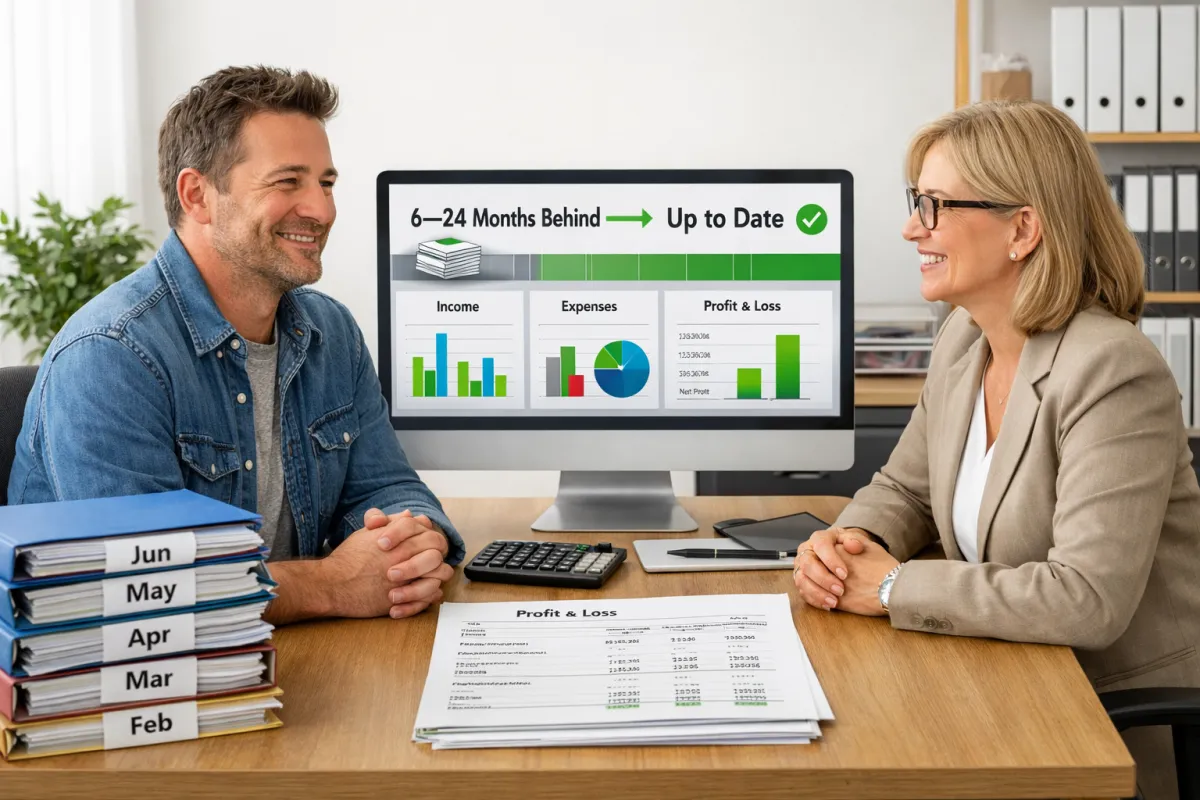 Realistic image of a relieved small business owner sitting across from a professional bookkeeper in a bright, organized office, with a computer screen showing a QuickBooks-style dashboard transitioning from “6–24 Months Behind” to “Up to Date” with green checkmarks and clean reports, and a desk where messy stacks of past-month folders turn into neatly organized binders and a tidy profit and loss statement, symbolizing catching up and getting financials back on track.