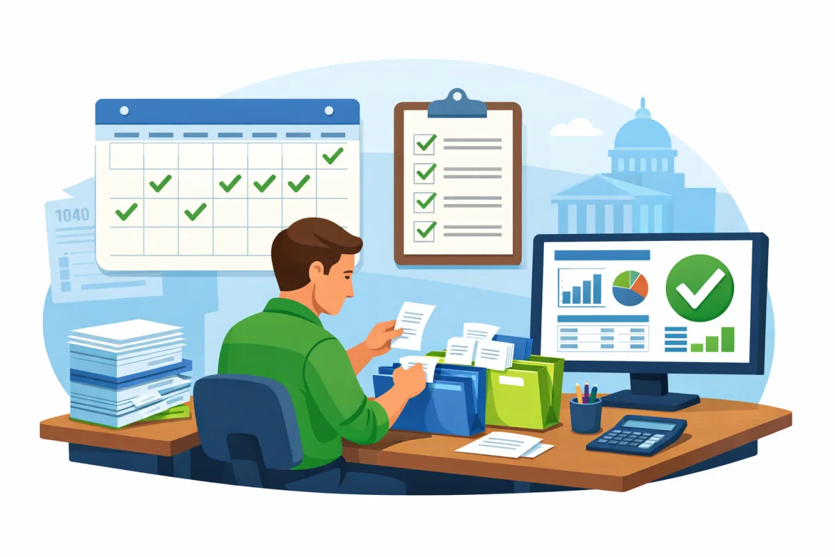 Professional flat-style illustration for a blog about catch-up bookkeeping to stay ahead of the IRS, showing a small business owner at a desk organizing receipts and financial documents, with a calendar, checklist, and compliant financial reports on a computer screen, plus subtle IRS icons in the background to convey timely, accurate, and stress-free tax compliance.