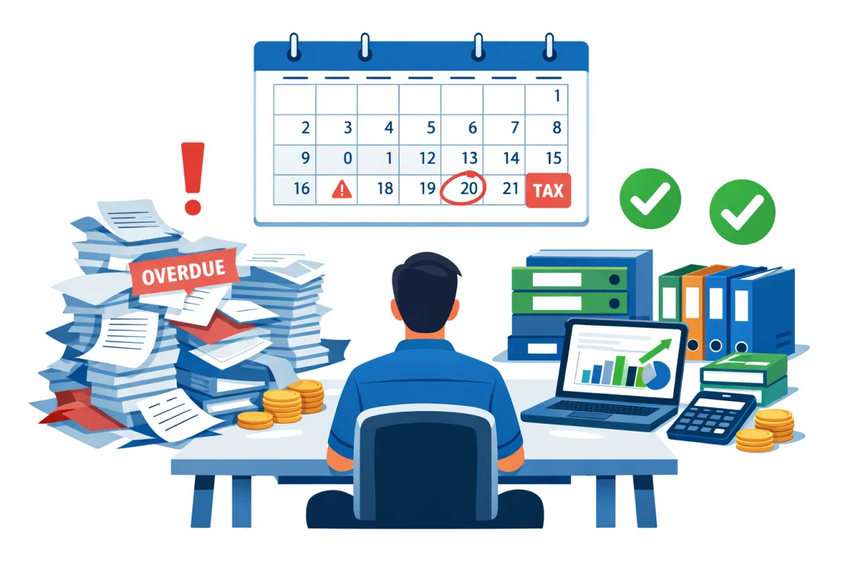 Professional, modern flat-style illustration about catch-up bookkeeping for small businesses, showing a business owner at a desk split between a chaotic side with scattered receipts, overdue notices, and a red exclamation mark, and an organized side with tidy folders, a laptop displaying clean financial reports and green upward charts, plus a wall calendar highlighting dates leading up to year-end and tax season to represent the cost of delaying bookkeeping versus the clarity and savings from catching up.