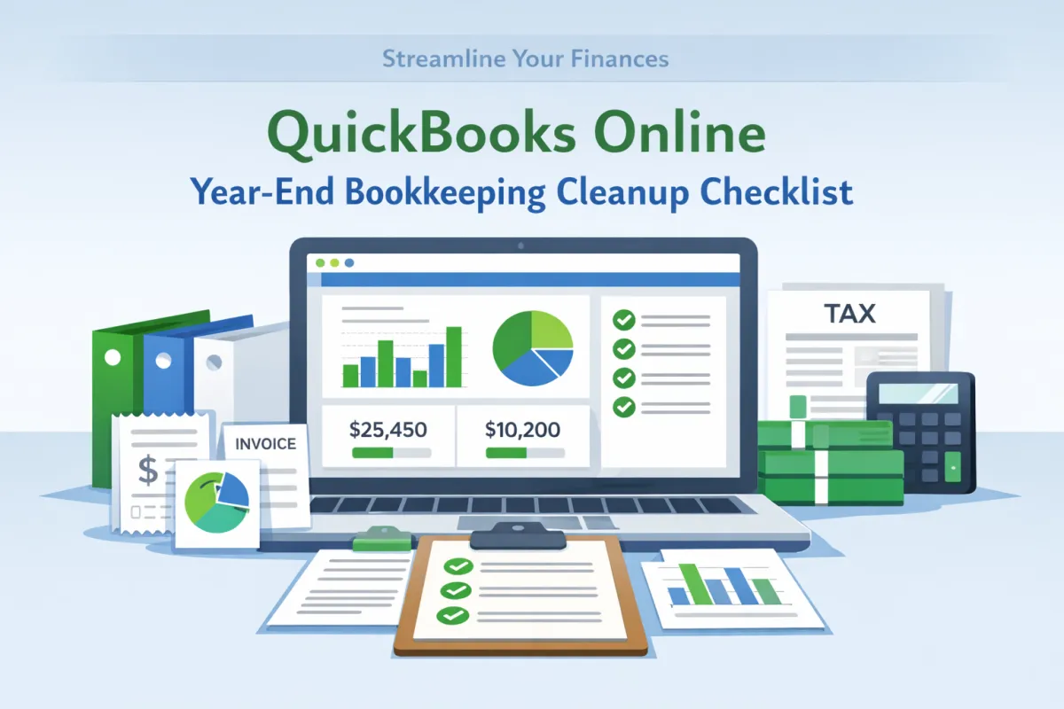 A clean, modern flat-design illustration for a financial guide titled "QuickBooks Online Year-End Bookkeeping Cleanup Checklist," featuring a laptop with financial dashboards, checklists with green check marks, and neatly organized tax documents on a desk in a green, blue, and white color palette, designed as a static 600px by 400px blog header image.