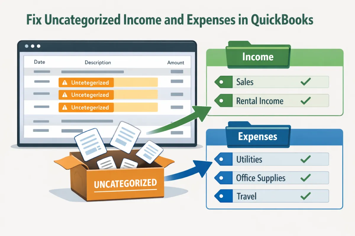 A clean, modern flat-design illustration for a financial tutorial titled "Fix Uncategorized Income and Expenses in QuickBooks," showing a computer screen with a transaction list where some rows are marked as uncategorized, and arrows move those items into clearly labeled income and expense folders with colored tags and checkmarks, all in a green, blue, and neutral color palette as a static 600px by 400px blog header image.