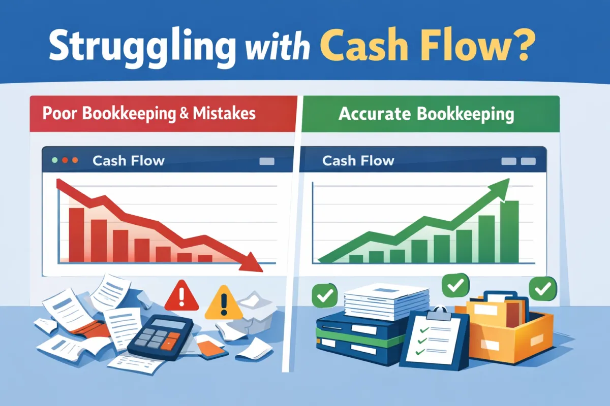 A clean, modern flat-design illustration for a small business article titled "Struggling with Cash Flow?" showing a split business dashboard: on the left, a downward-trending cash flow graph with disorganized receipts and warning icons labeled "Poor Bookkeeping & Mistakes," and on the right, an upward-trending graph with neatly stacked documents, checkmarks, and organized folders labeled "Accurate Bookkeeping," in a static 600px by 400px 2D style with blue, green, and warm accent colors.A clean, modern flat-design illustration for a small business article titled "Struggling with Cash Flow?" showing a split business dashboard: on the left, a downward-trending cash flow graph with disorganized receipts and warning icons labeled "Poor Bookkeeping & Mistakes," and on the right, an upward-trending graph with neatly stacked documents, checkmarks, and organized folders labeled "Accurate Bookkeeping," in a static 600px by 400px 2D style with blue, green, and warm accent colors.