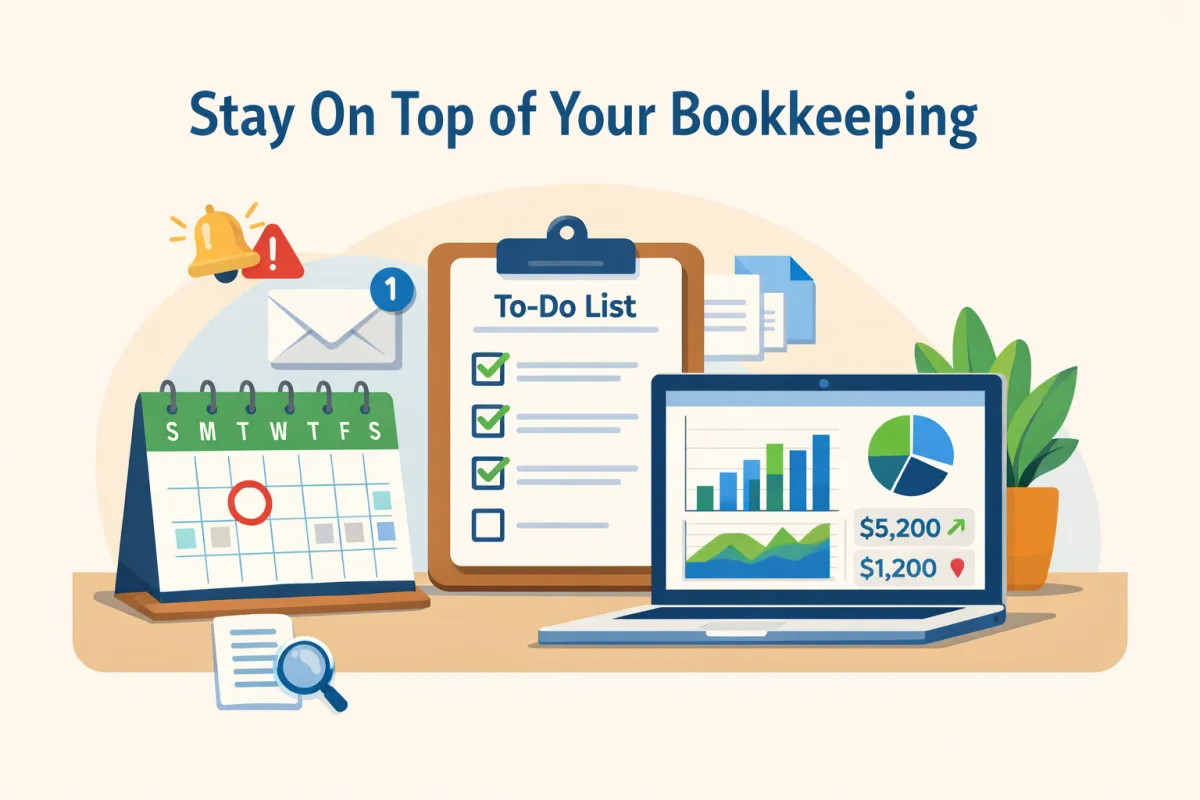 A clean, modern flat-design illustration for a small business article titled "Stay On Top of Your Bookkeeping," featuring a tidy workspace with a calendar, a to-do checklist, and a laptop displaying a financial dashboard with charts and key metrics, plus subtle reminder and document icons to represent turning missed insights into organized information, in a static 600px by 400px 2D style with blue, green, and warm neutral colors.