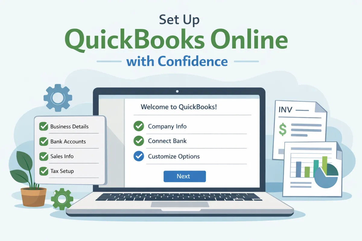 A clean, modern flat-design illustration for a beginner-friendly guide titled “Set Up QuickBooks Online with Confidence,” showing a laptop displaying a simple QuickBooks-style setup wizard with visible progress steps or a checklist, surrounded by clear icons for settings, invoices, and reports in a welcoming green, blue, and soft neutral color palette, in a static 600px by 400px 2D style with no characters or animation.