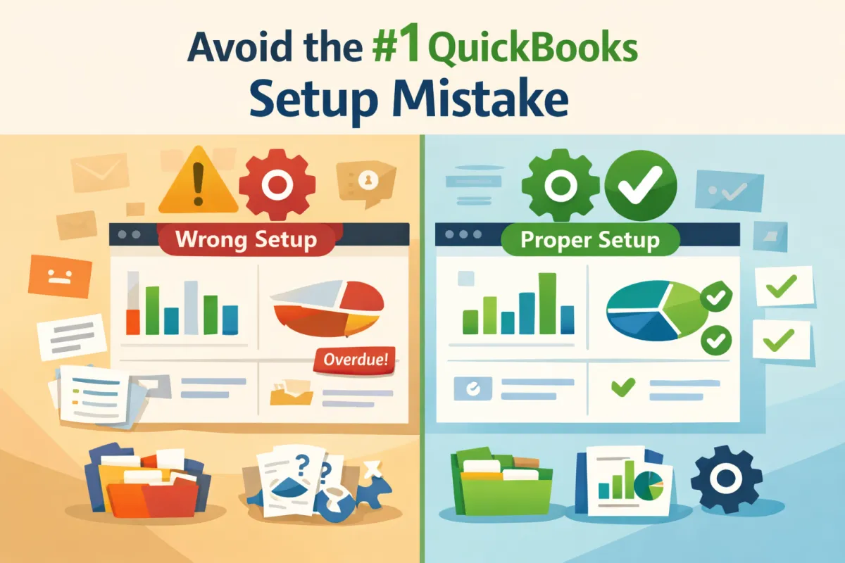 A clean, modern flat-design illustration for an article titled “Avoid the #1 QuickBooks Setup Mistake,” featuring a split screen with a cluttered QuickBooks-style dashboard, warning icon, and gear labeled “Wrong Setup” on the left, and a neat, correctly configured dashboard with checkmarks and a gear labeled “Proper Setup” on the right, along with subtle icons for chart of accounts, reports, and settings, in a static 600px by 400px 2D style with green, blue, and warm neutral colors.