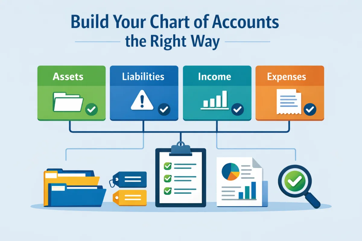 A clean, modern flat-design illustration for an article titled “Build Your Chart of Accounts the Right Way,” showing a structured financial dashboard with neatly organized boxes labeled Assets, Liabilities, Income, and Expenses, connected in a clear layout and accompanied by folder, label, and checkmark icons to represent organized finances, simplified reporting, and accurate records, in a static 600px by 400px 2D style with blue, green, and neutral tones.